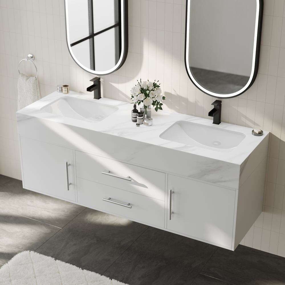 1500mm Double Sink Bathroom Vanity with Silver Handles – White Modern Floating Vanity window image