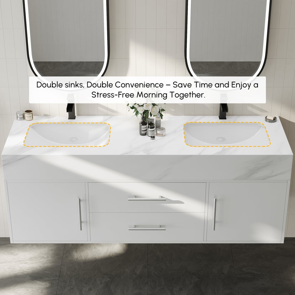 1500mm Double Sink Bathroom Vanity with Silver Handles – White Modern Floating Vanity window image