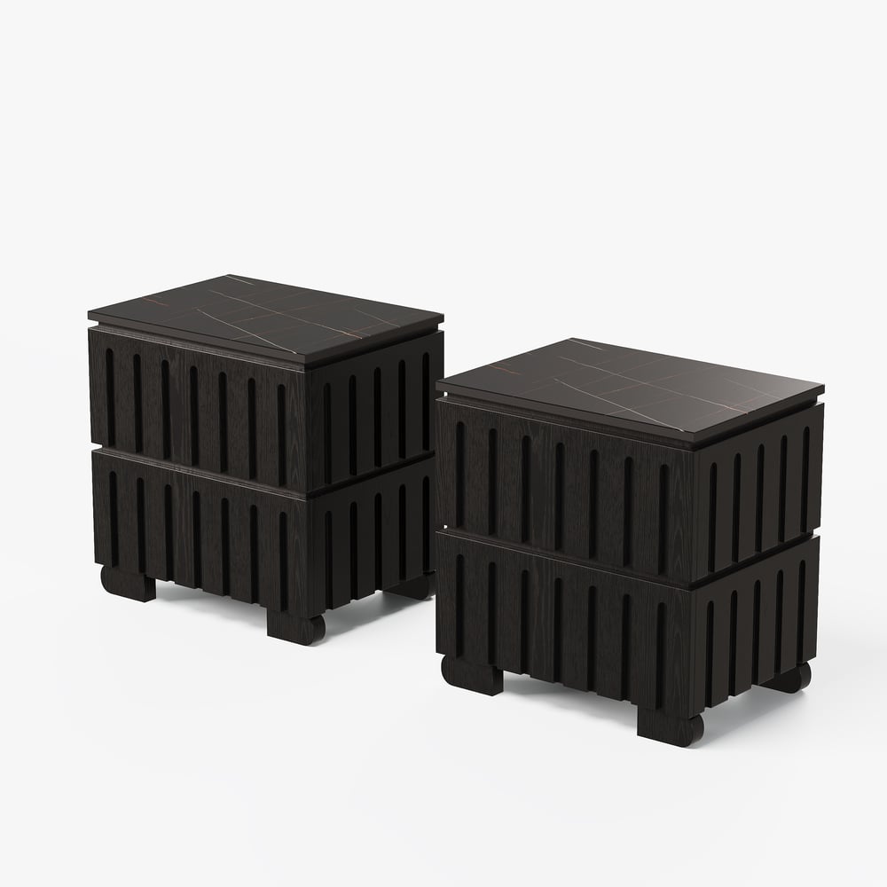 Noční stolek z jasanového dřeva se 2 zásuvkami se slinutým kamenem obrázek okna