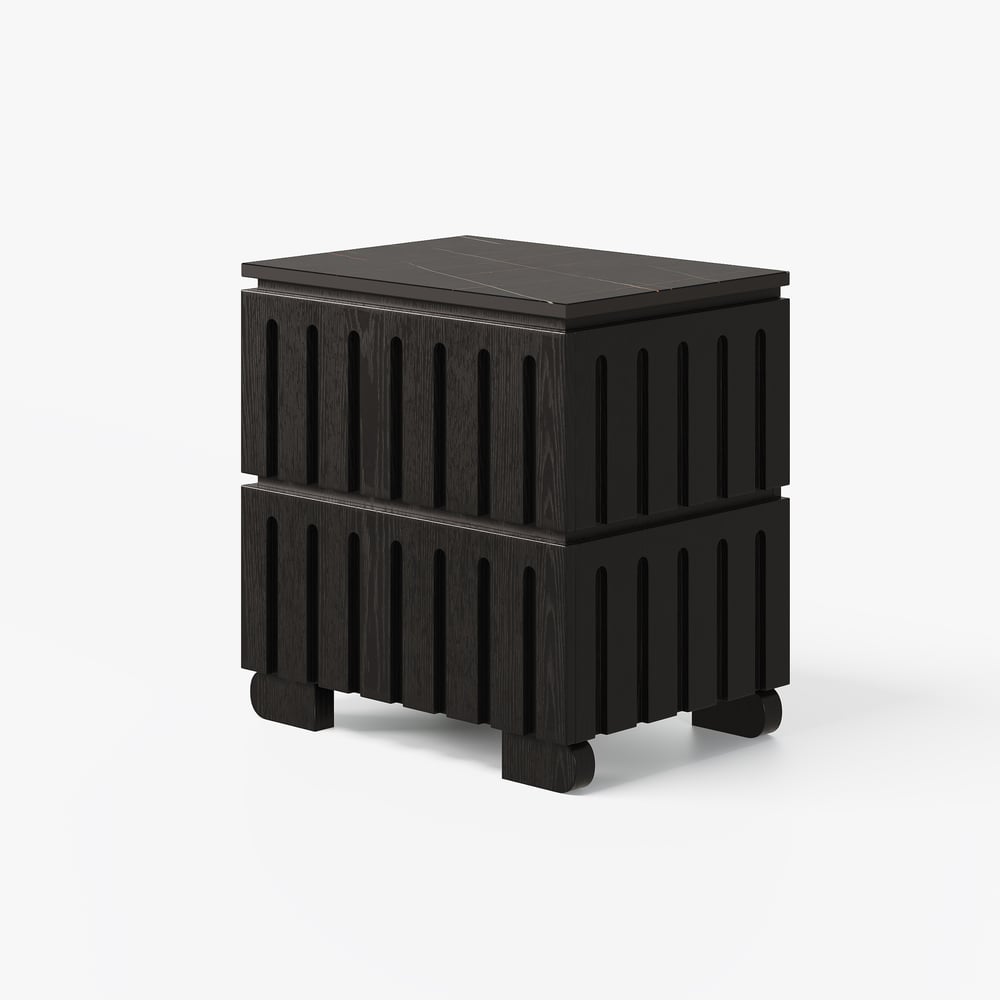 Noční stolek z jasanového dřeva se 2 zásuvkami se slinutým kamenem obrázek okna