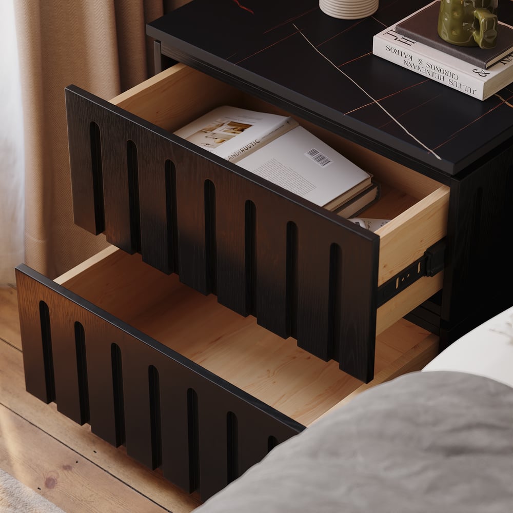 Noční stolek z jasanového dřeva se 2 zásuvkami se slinutým kamenem obrázek okna