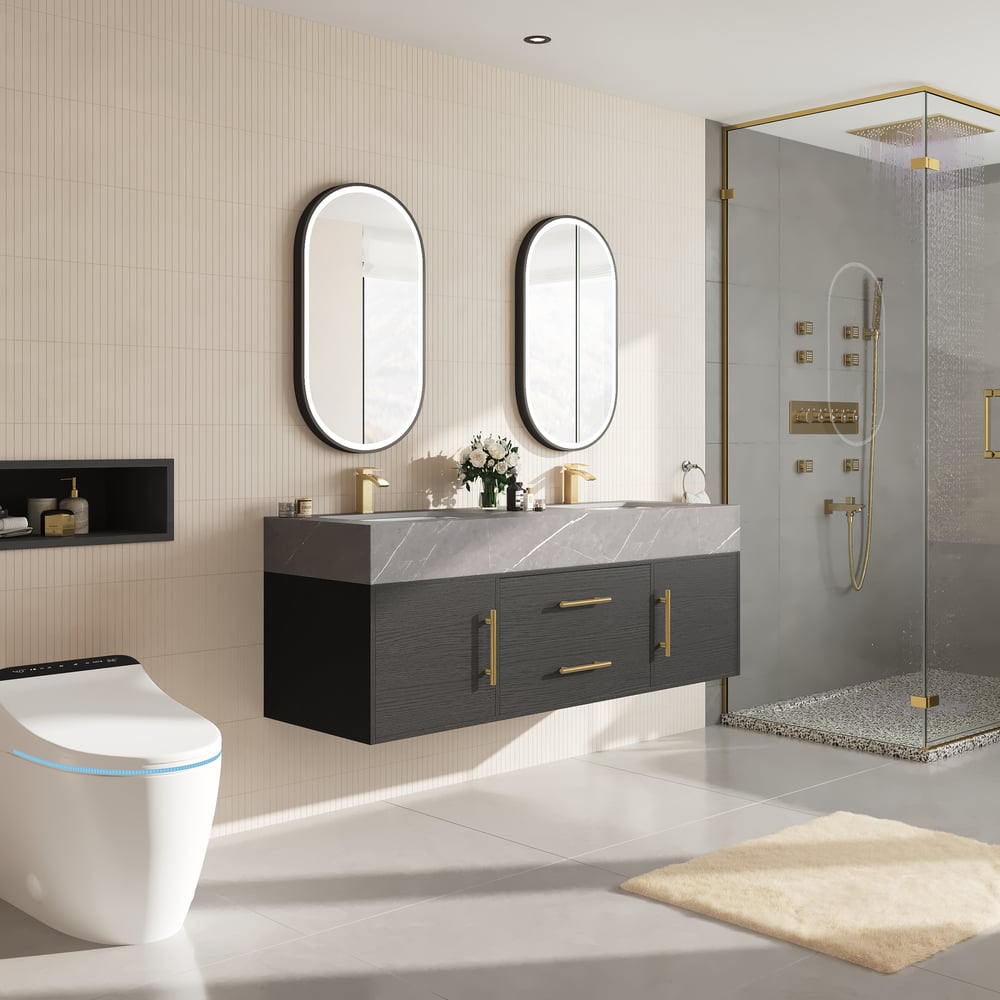 1500mm Black Double Sink Bathroom Vanity with Brushed Gold Handles, Floating Design window image
