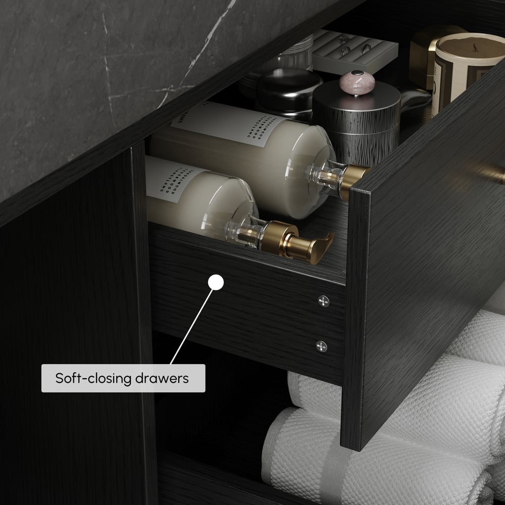 1500mm Black Double Sink Bathroom Vanity with Brushed Gold Handles, Floating Design window image