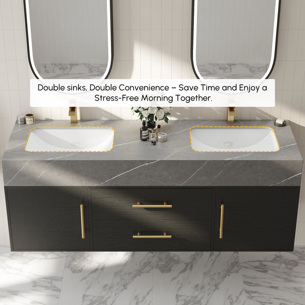 1500mm Black Double Sink Bathroom Vanity with Brushed Gold Handles, Floating Design window image