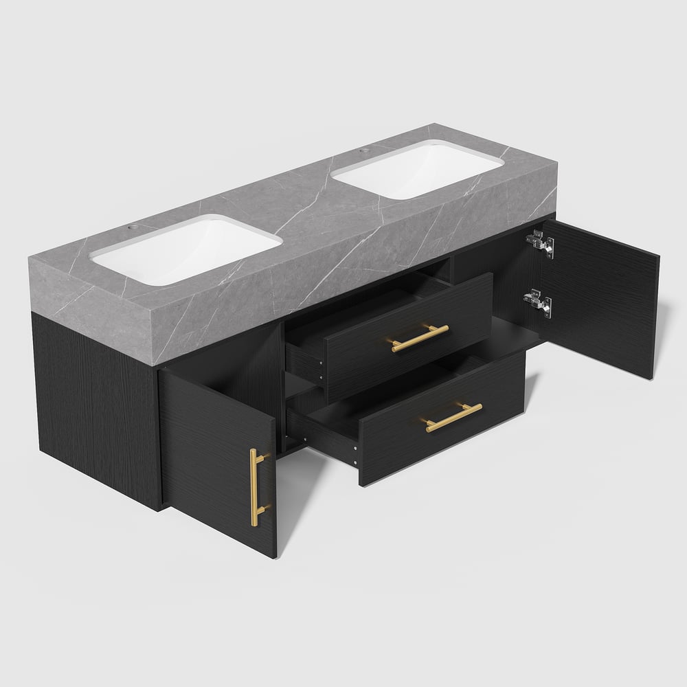 1500mm Black Double Sink Bathroom Vanity with Brushed Gold Handles, Floating Design window image