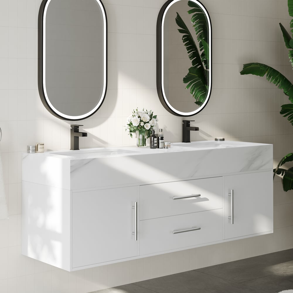 1500mm Double Sink Bathroom Vanity with Silver Handles – White Modern Floating Vanity window image