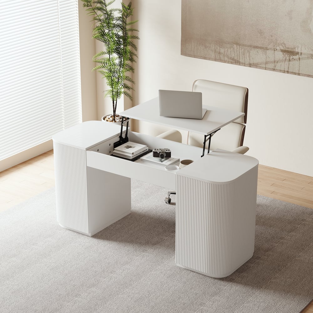 Modern White Standing Computer Desk & Upholstered Swivel Task Chair Set (59.8" ) window image