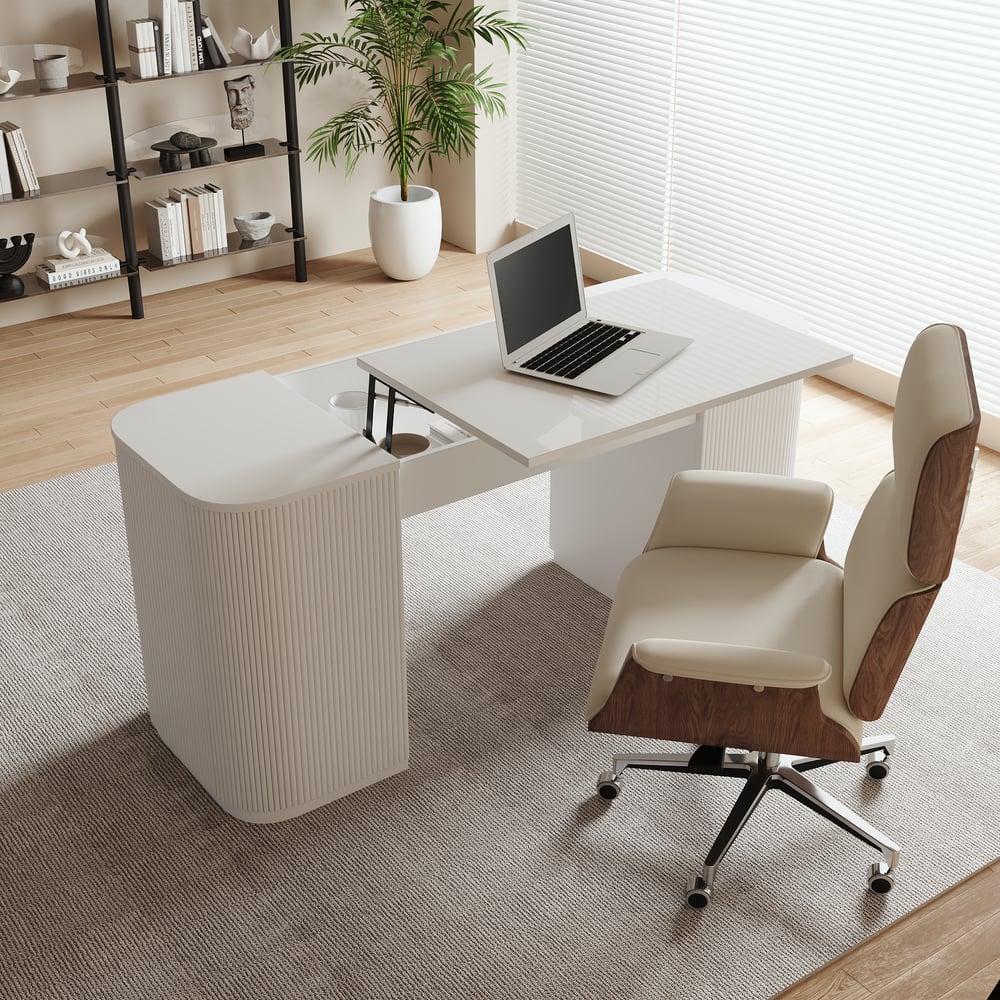 Modern White Standing Computer Desk & Upholstered Swivel Task Chair Set (59.8" ) window image