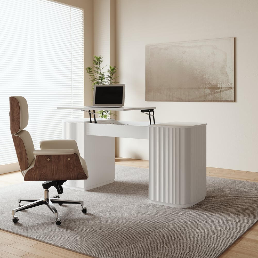 Modern White Standing Computer Desk & Upholstered Swivel Task Chair Set (59.8" ) window image