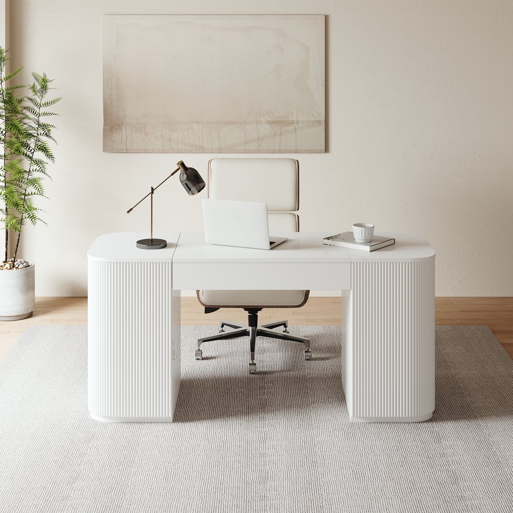 Modern White Standing Computer Desk & Upholstered Swivel Task Chair Set (59.8" ) window image