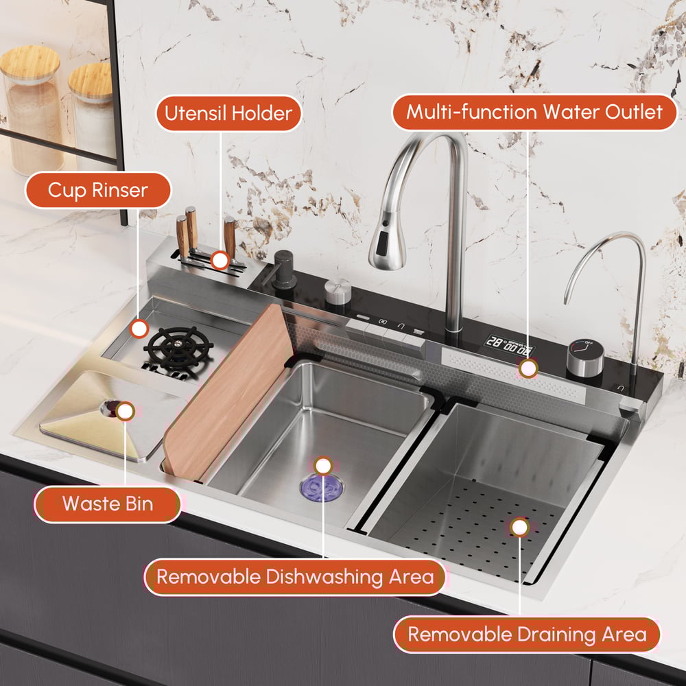 Évier de cuisine multifonction en acier inoxydable 820 mm x 480 mm avec robinet extractible image de fenêtre