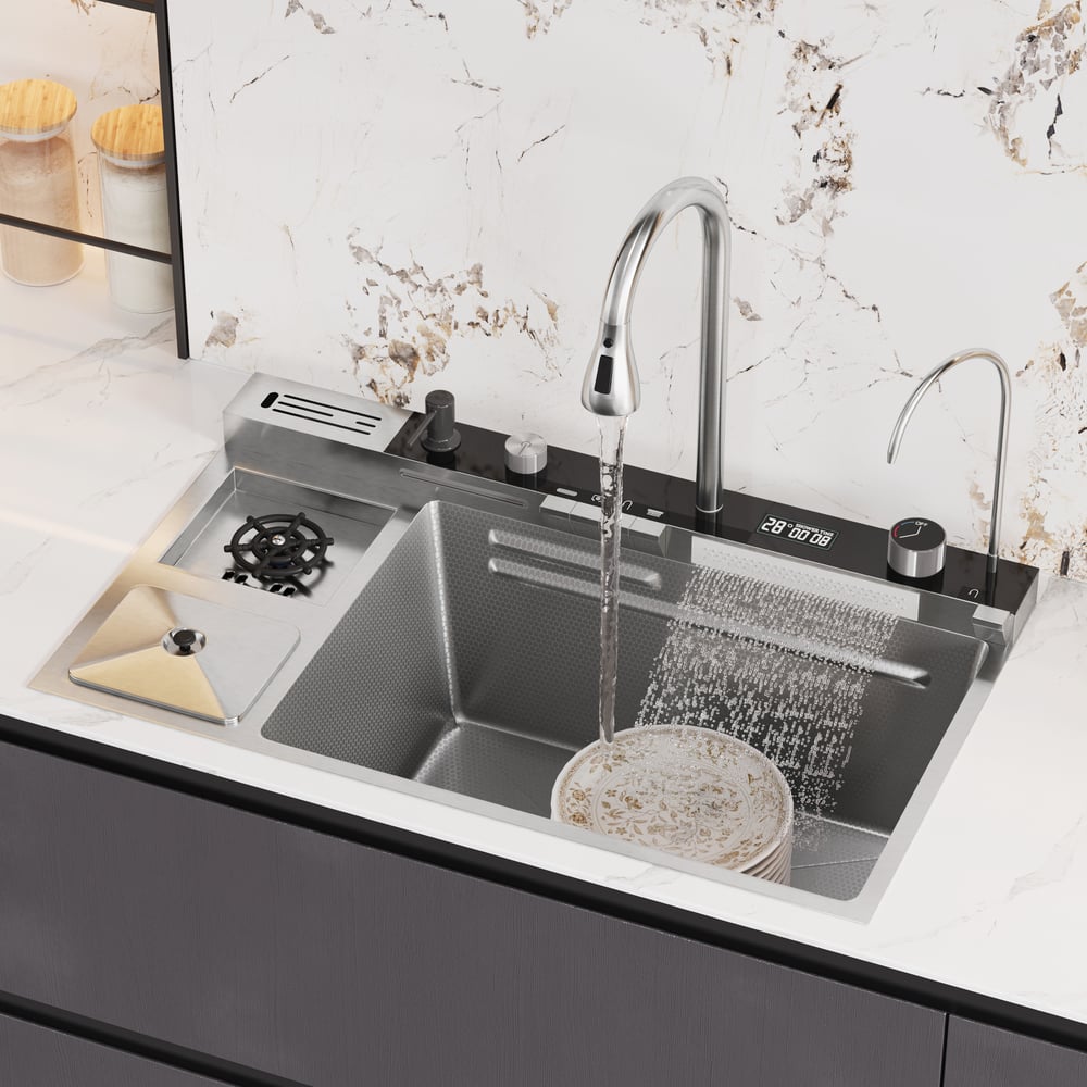 Évier de cuisine multifonction en acier inoxydable 820 mm x 480 mm avec robinet extractible image de fenêtre