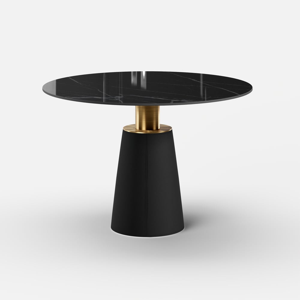 Ronde eettafel van 1000 mm in gesinterde steen met zadelleren onderstel voor 2-4 personen Vensterafbeelding