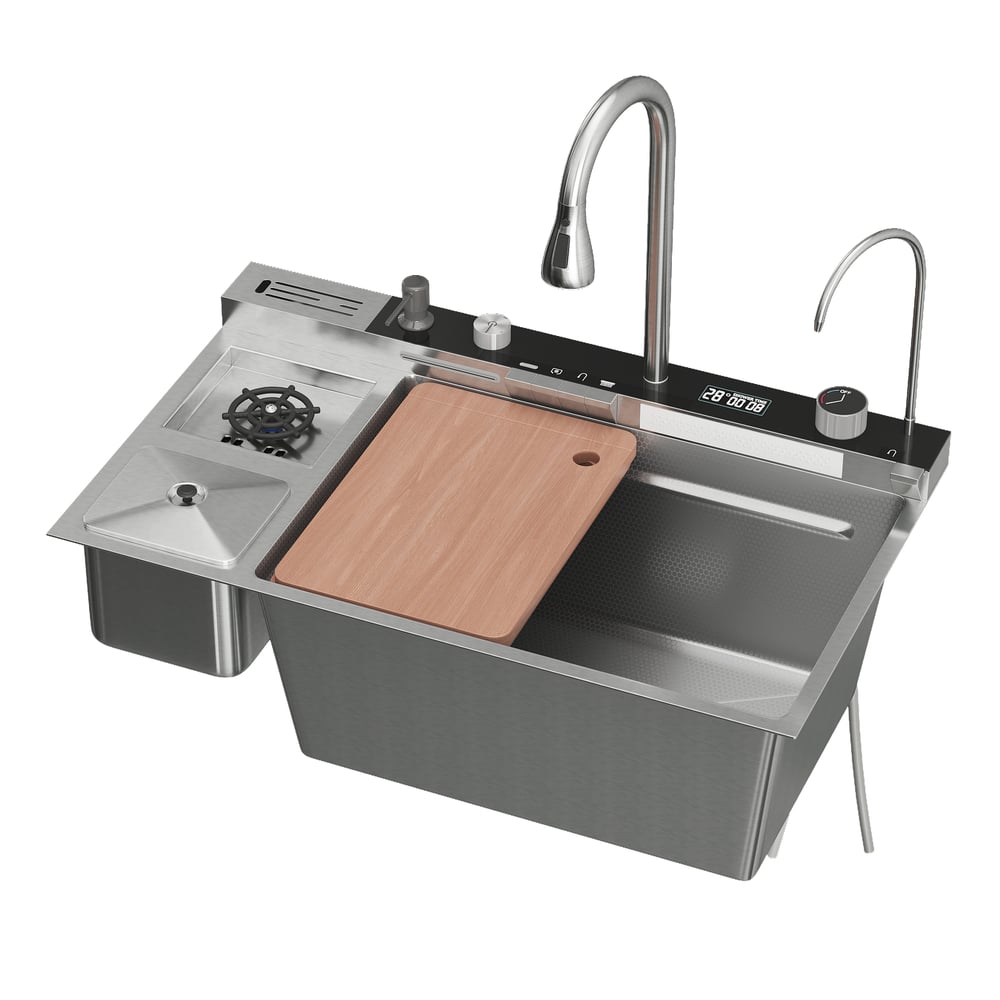 Évier de cuisine multifonction en acier inoxydable 820 mm x 480 mm avec robinet extractible image de fenêtre