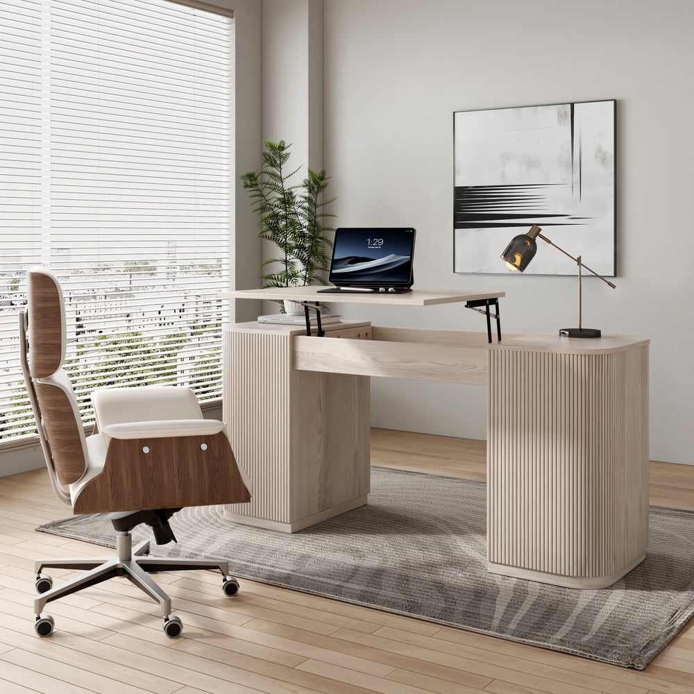 Modern Wash White Standing Computer Desk & Upholstered Swivel Task Chair Set (59.8" ) window image