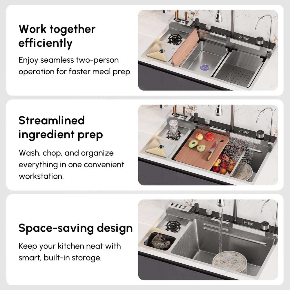 Évier de cuisine multifonction en acier inoxydable 820 mm x 480 mm avec robinet extractible image de fenêtre
