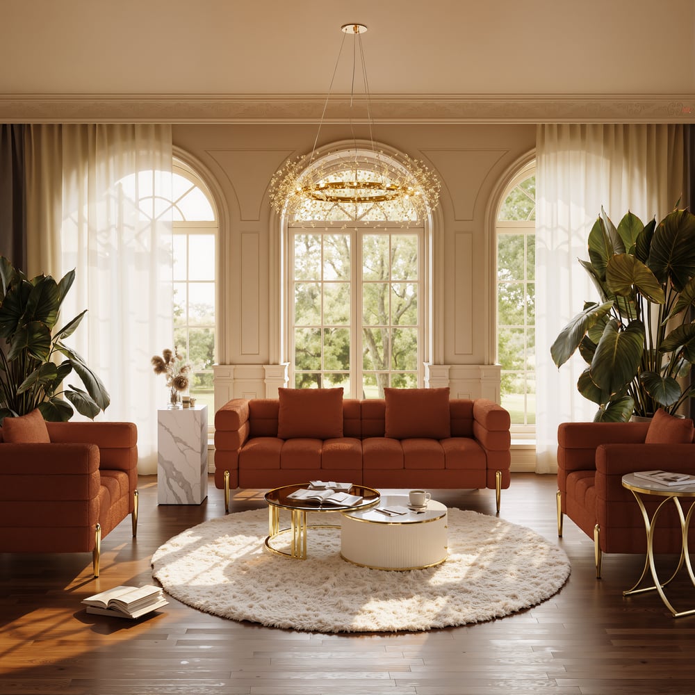 Tapicerowane krzesło akcentujące Aurora Boucle w złotym wykończeniu obraz okna