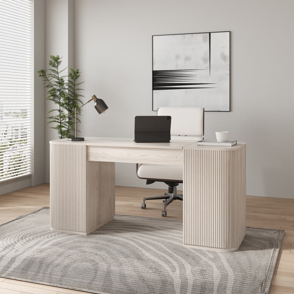 Modern Wash White Standing Computer Desk & Upholstered Swivel Task Chair Set (59.8" ) window image