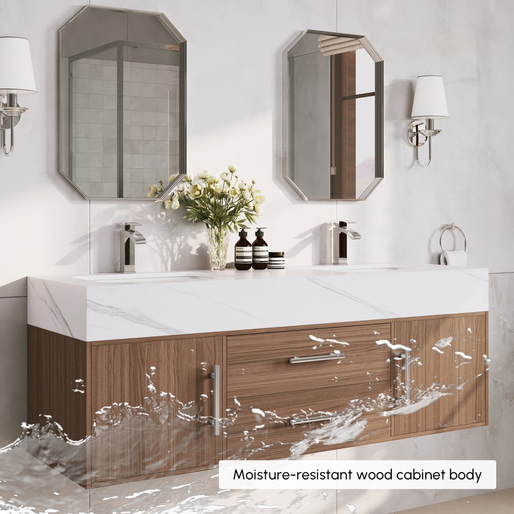 Koupelnové umyvadlo s dvojitým umyvadlem 1500 mm se stříbrnými rukojetí - moderní plovoucí umyvadlo z ořechu obrázek okna