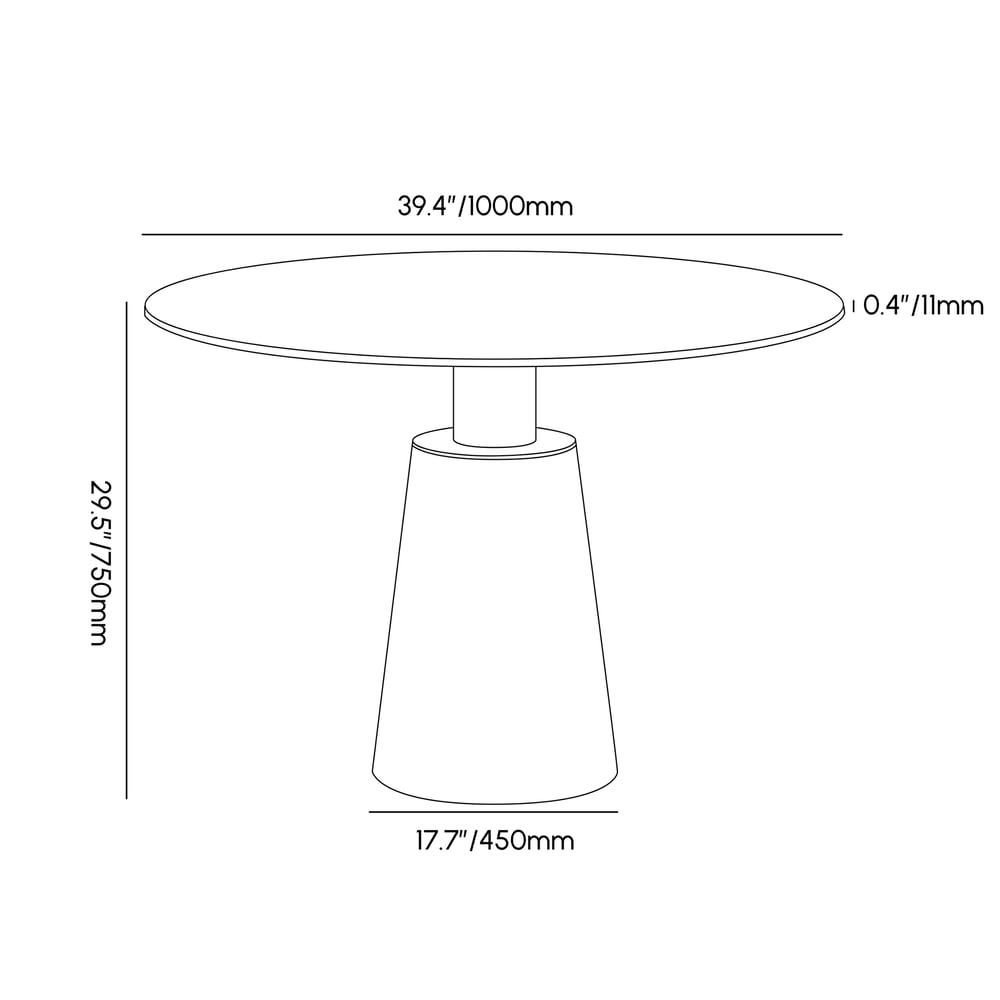 Ronde eettafel van 1000 mm in gesinterde steen met zadelleren onderstel voor 2-4 personen Afbeelding met gewichten en afmetingen