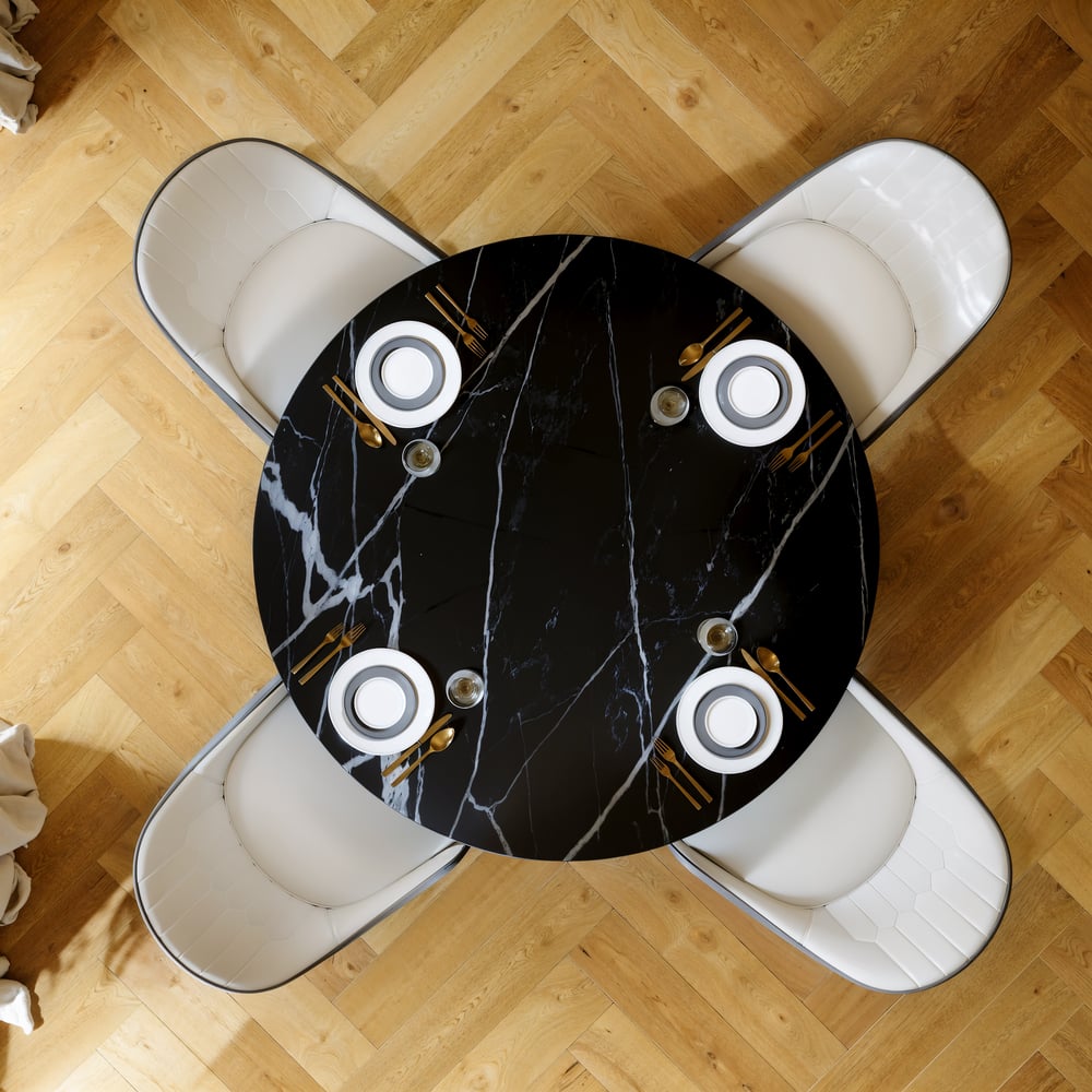 Ronde eettafel van 1000 mm in gesinterde steen met zadelleren onderstel voor 2-4 personen Vensterafbeelding