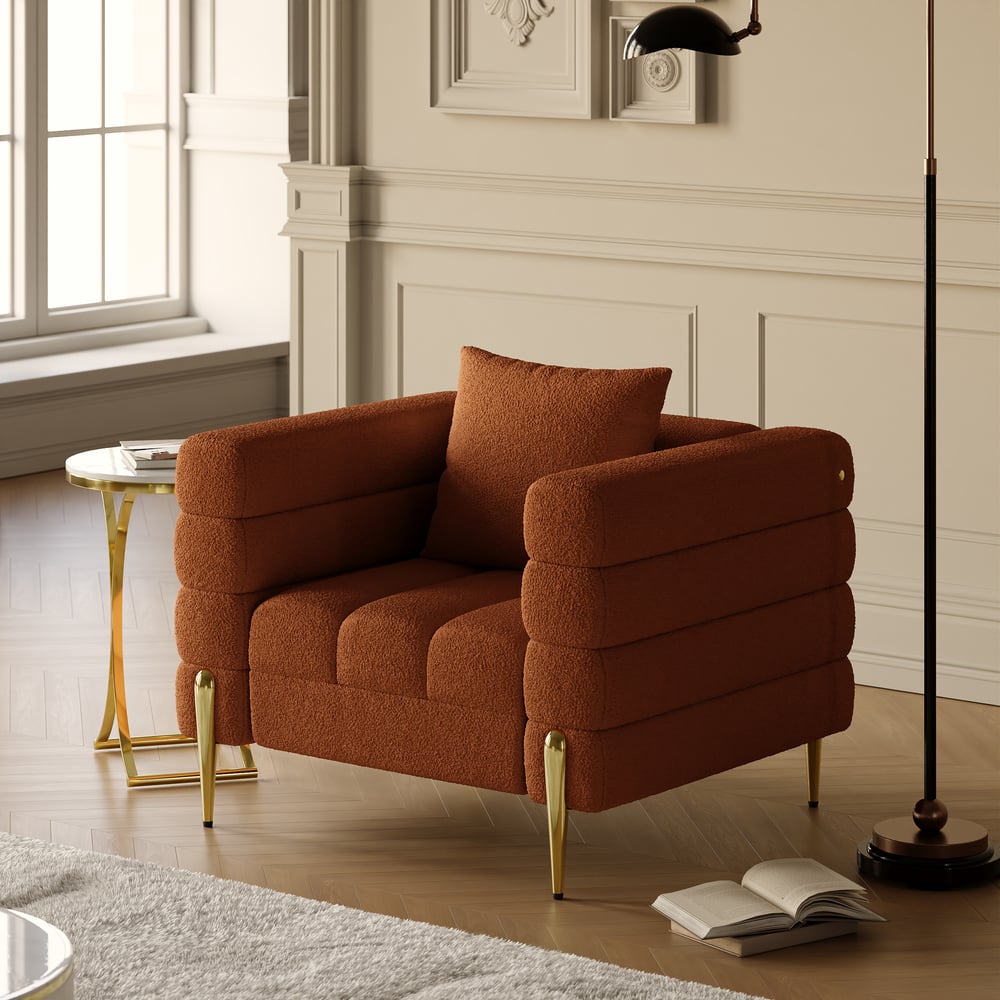 Tapicerowane krzesło akcentujące Aurora Boucle w złotym wykończeniu obraz okna