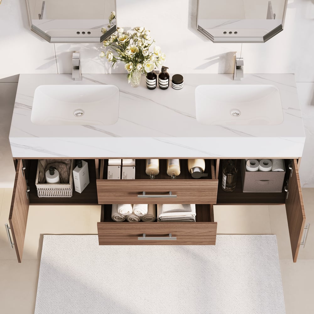 Koupelnové umyvadlo s dvojitým umyvadlem 1500 mm se stříbrnými rukojetí - moderní plovoucí umyvadlo z ořechu obrázek okna