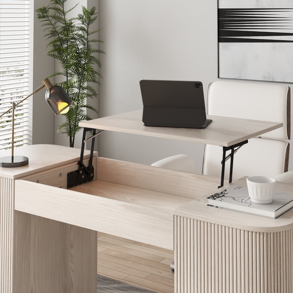 Modern Wash White Standing Computer Desk & Upholstered Swivel Task Chair Set (59.8" ) window image