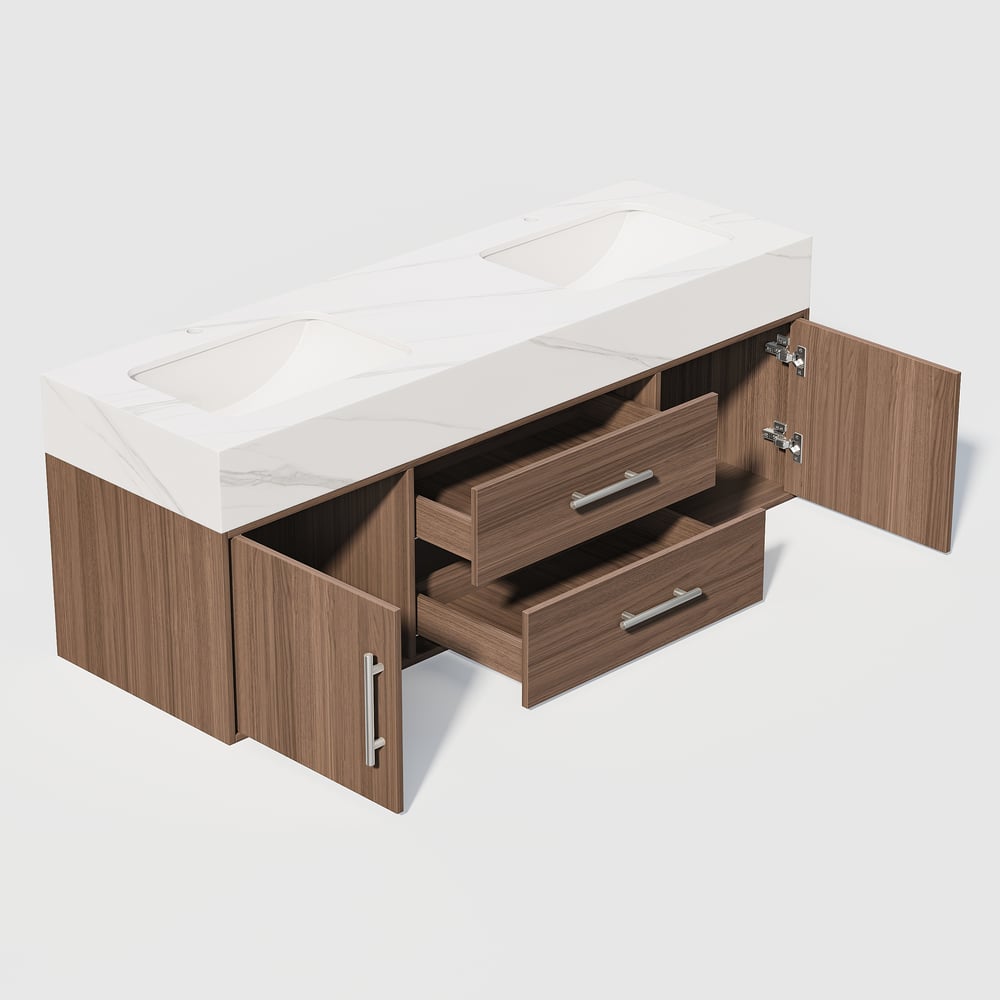 Koupelnové umyvadlo s dvojitým umyvadlem 1500 mm se stříbrnými rukojetí - moderní plovoucí umyvadlo z ořechu obrázek okna