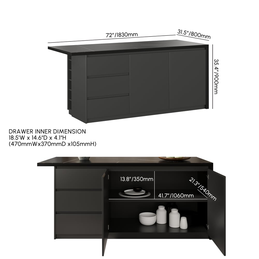 72" Sintered Stone Top Kitchen Island with Storage Black weights dimensions image