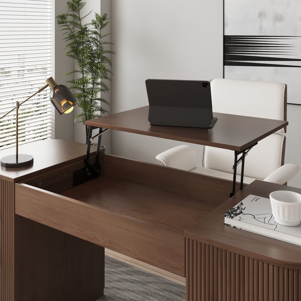 Modern Walnut Standing Computer Desk & Upholstered Swivel Task Chair Set (59.8" ) window image