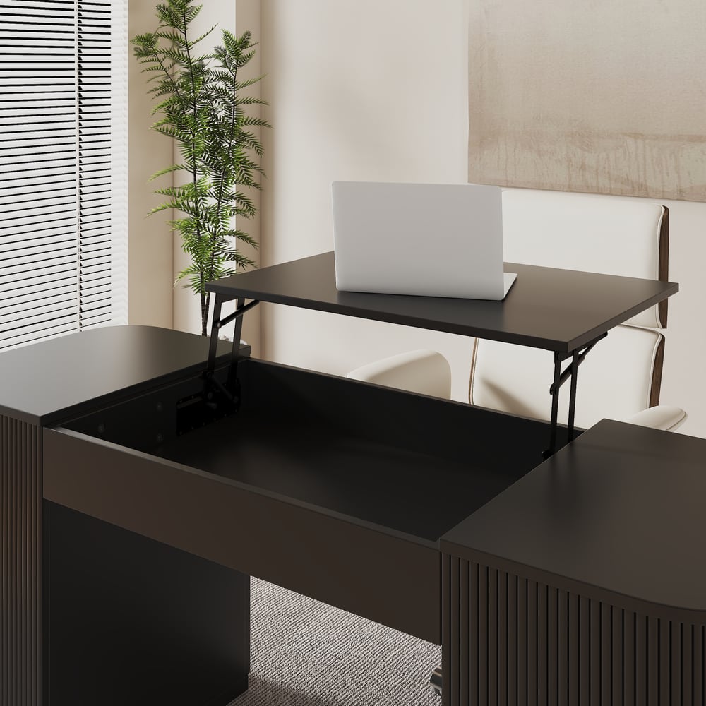 Modern zwart staand computerbureau en gestoffeerde draaibare bureaustoelset (1500 mm) Vensterafbeelding