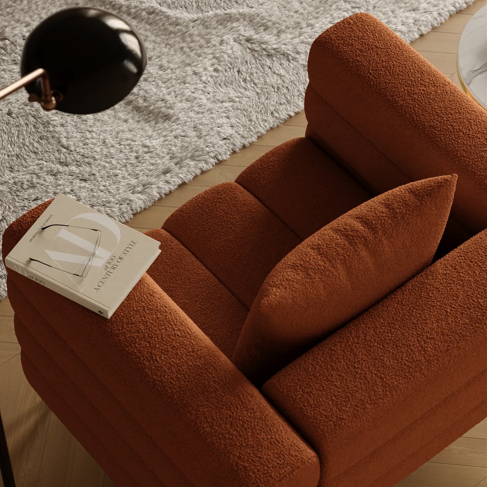 Tapicerowane krzesło akcentujące Aurora Boucle w złotym wykończeniu obraz okna