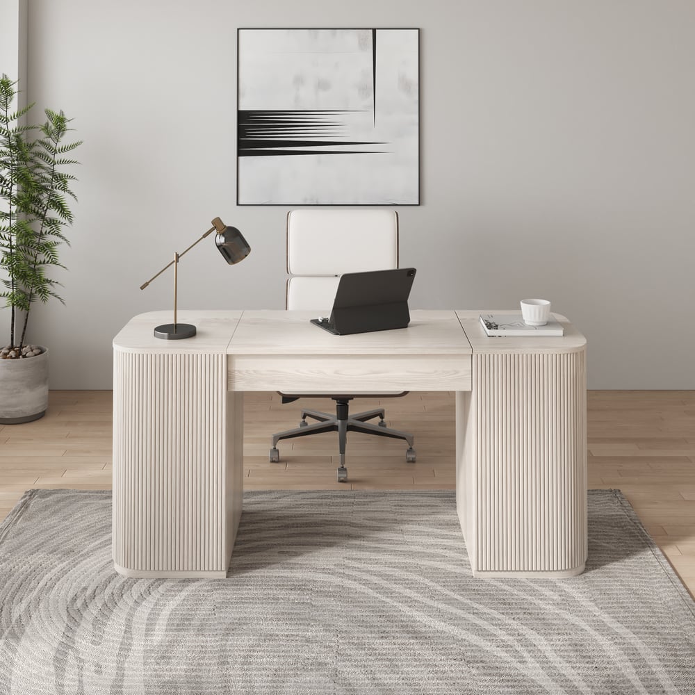 Modern Wash White Standing Computer Desk & Upholstered Swivel Task Chair Set (59.8" ) window image