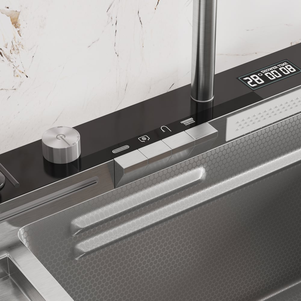 Évier de cuisine multifonction en acier inoxydable 820 mm x 480 mm avec robinet extractible image de fenêtre