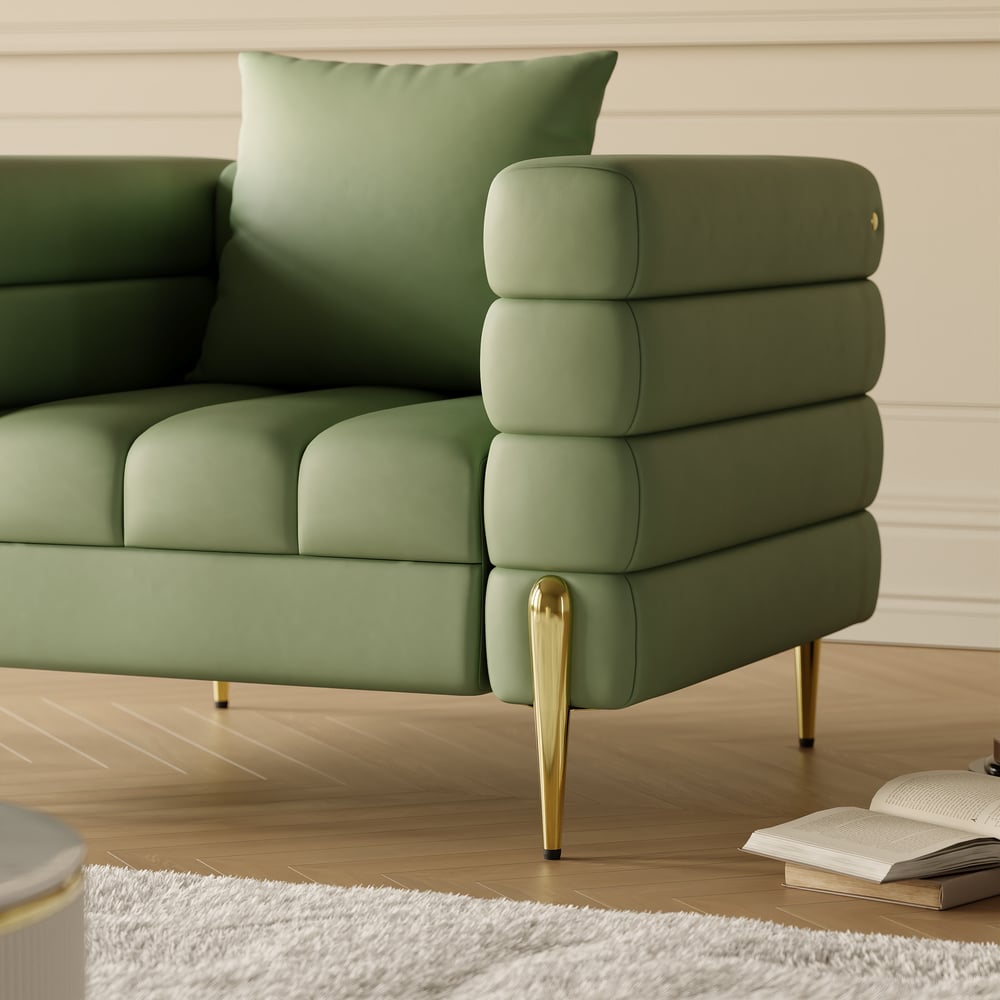 Aurora Performance Leather Accent Chair 2000mm Fluted Sofa with Gold Legs & Pillows window image