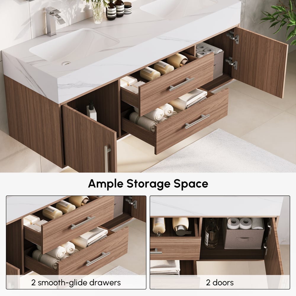 Koupelnové umyvadlo s dvojitým umyvadlem 1500 mm se stříbrnými rukojetí - moderní plovoucí umyvadlo z ořechu obrázek okna