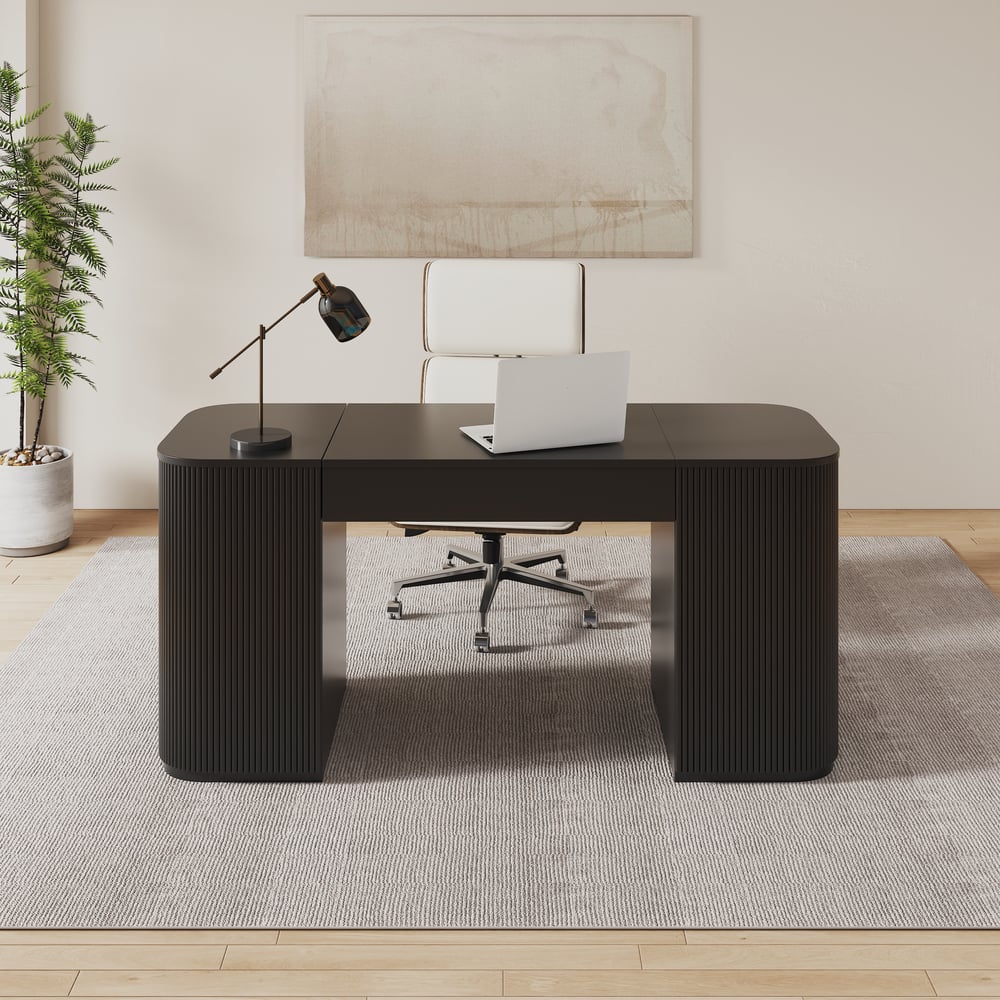 Modern zwart staand computerbureau en gestoffeerde draaibare bureaustoelset (1500 mm) Vensterafbeelding