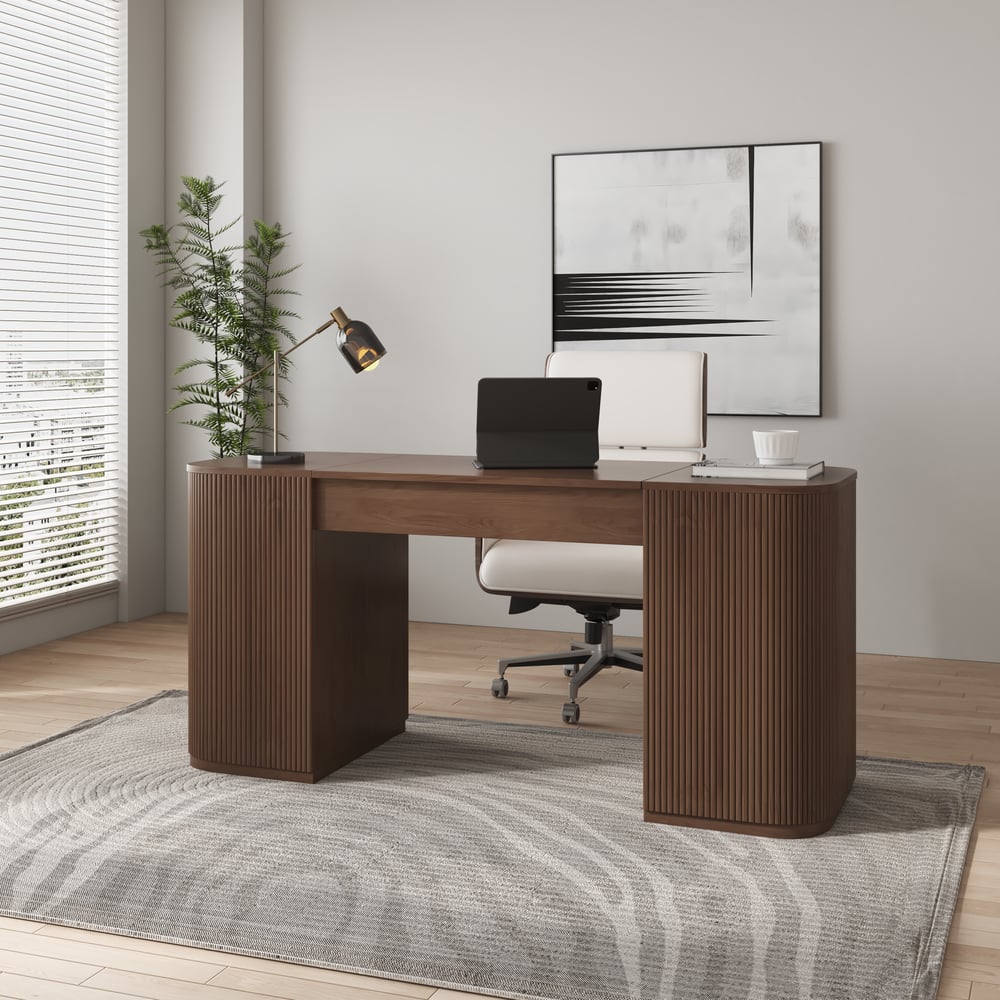 Modern Walnut Standing Computer Desk & Upholstered Swivel Task Chair Set (59.8" ) window image