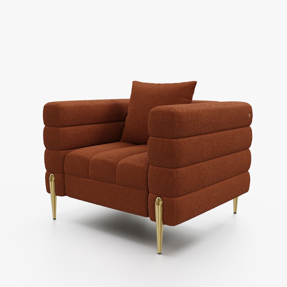 Tapicerowane krzesło akcentujące Aurora Boucle w złotym wykończeniu obraz okna