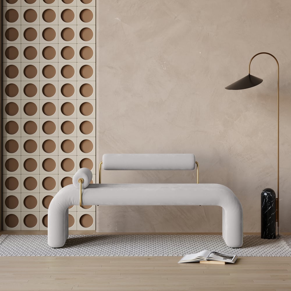 Banc d'entrée en velours capitonné, meuble d'entrée en gris clair (1200 mm) image de fenêtre