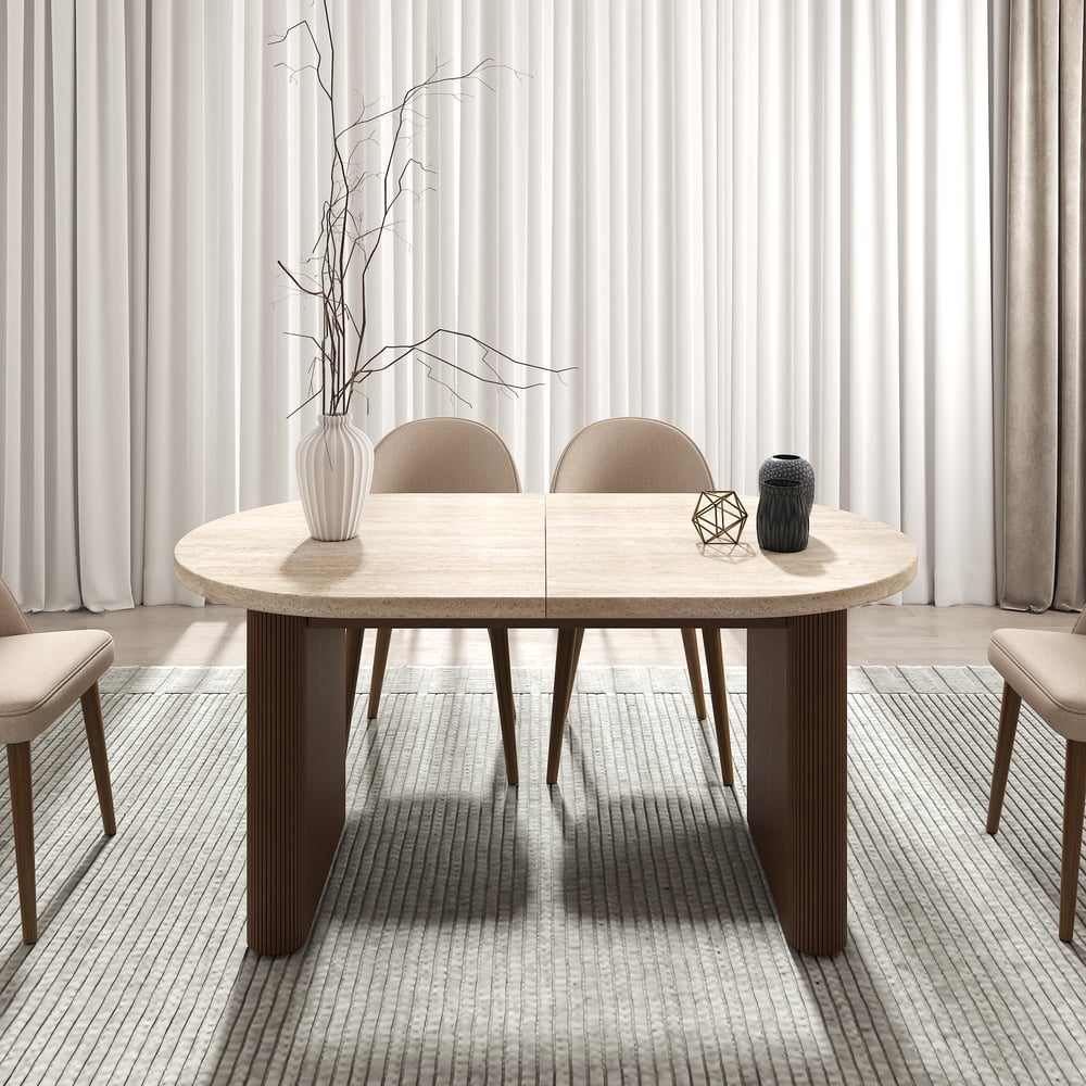 Fluve, tavolo da pranzo ovale allungabile, opaco, da 1600 mm a 2000 mm, motivo: farfalla a forma di foglia, 6-10 posti Immagine della finestra