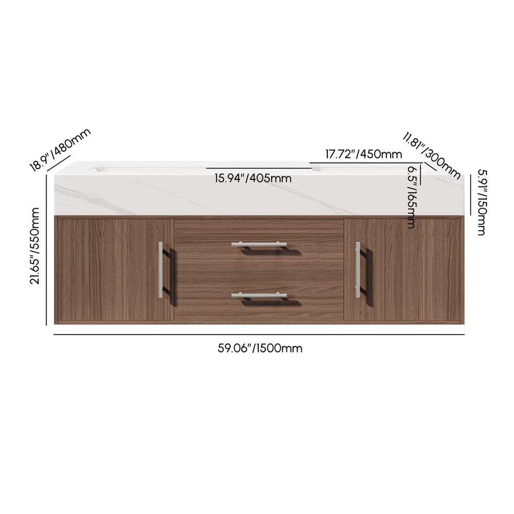 Koupelnové umyvadlo s dvojitým umyvadlem 1500 mm se stříbrnými rukojetí - moderní plovoucí umyvadlo z ořechu váhy a rozměry obrázku