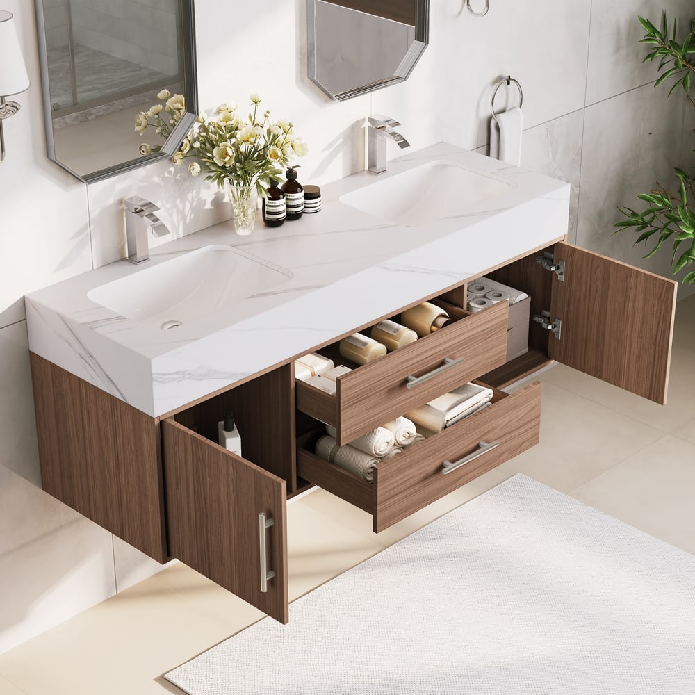 Koupelnové umyvadlo s dvojitým umyvadlem 1500 mm se stříbrnými rukojetí - moderní plovoucí umyvadlo z ořechu obrázek okna