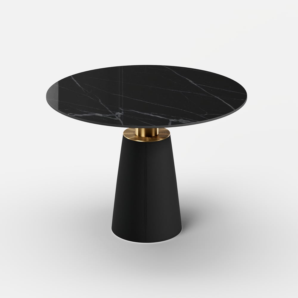 Ronde eettafel van 1000 mm in gesinterde steen met zadelleren onderstel voor 2-4 personen Vensterafbeelding