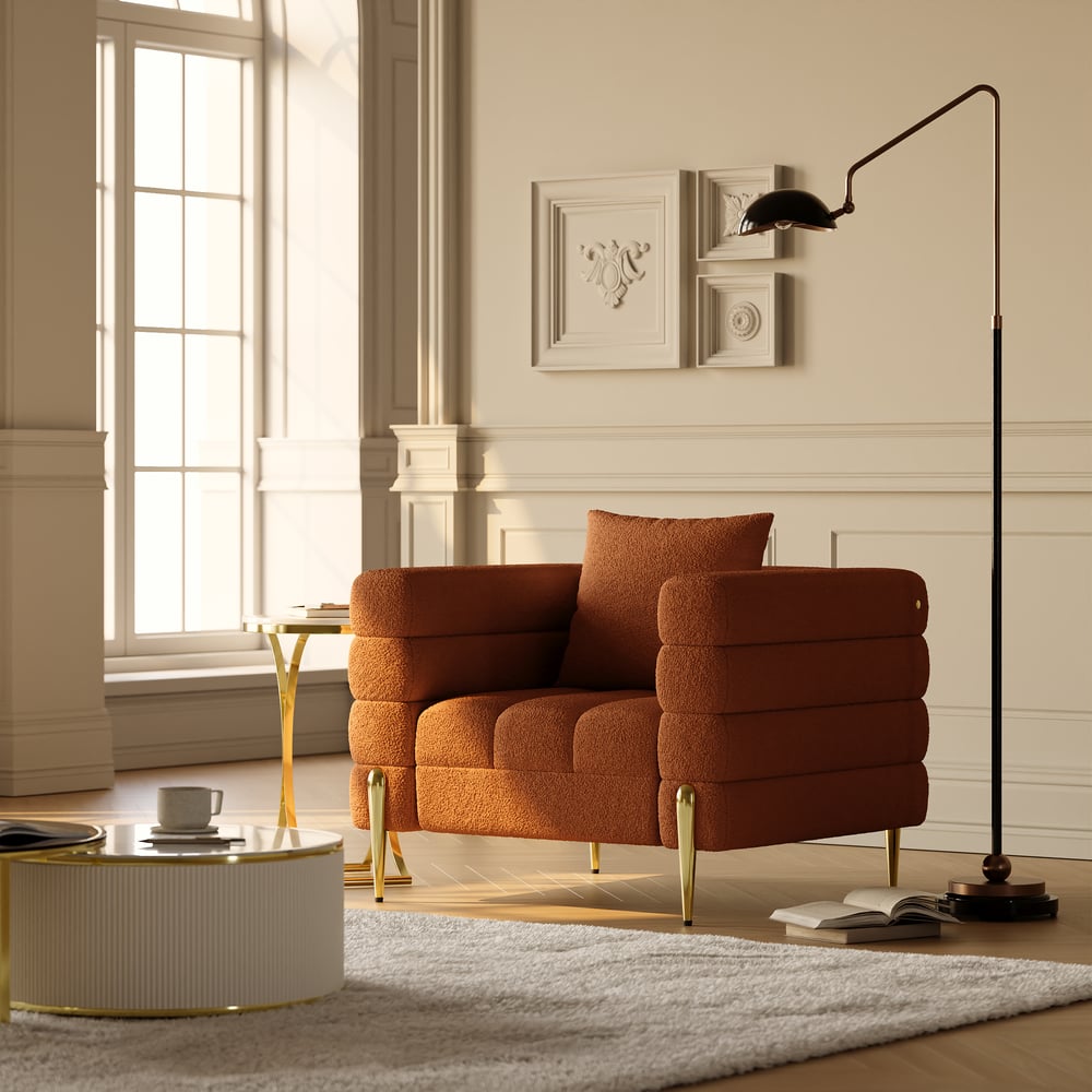 Tapicerowane krzesło akcentujące Aurora Boucle w złotym wykończeniu obraz okna