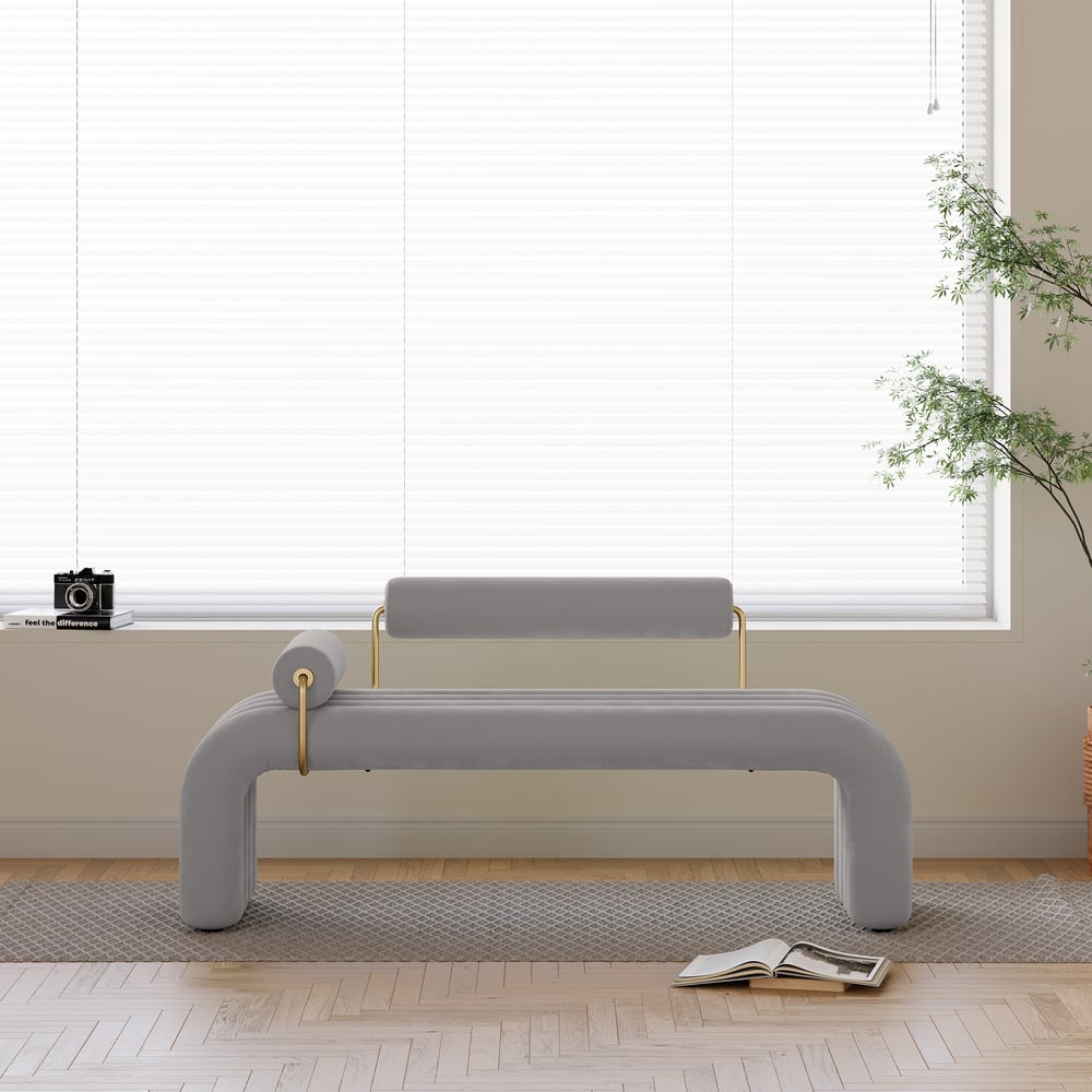 Banc d'entrée en velours capitonné, meuble d'entrée en gris clair (1200 mm) image de fenêtre