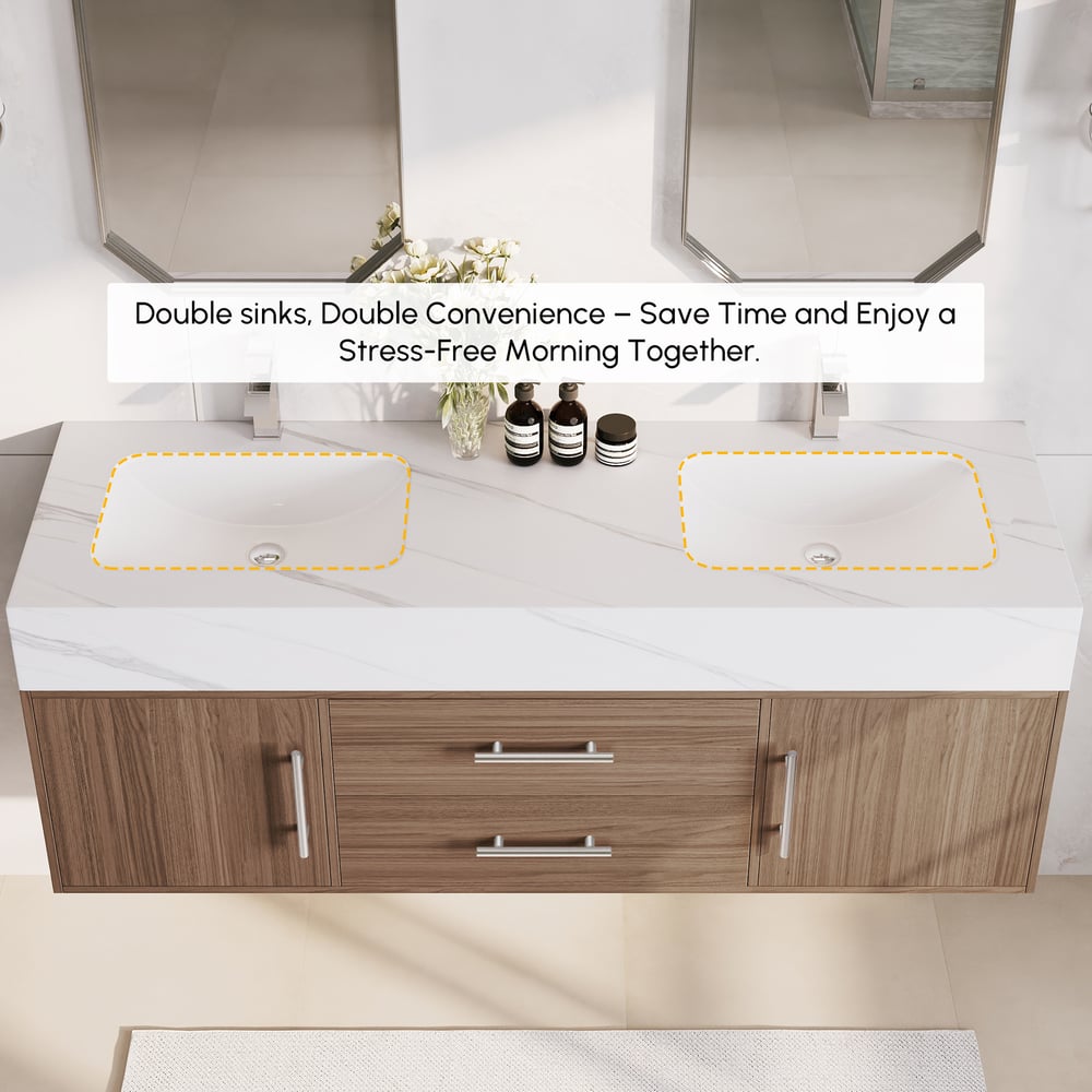 Koupelnové umyvadlo s dvojitým umyvadlem 1500 mm se stříbrnými rukojetí - moderní plovoucí umyvadlo z ořechu obrázek okna