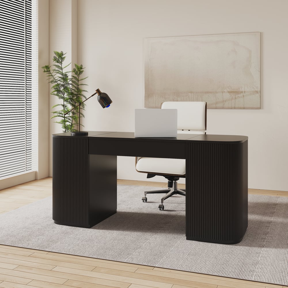 Modern zwart staand computerbureau en gestoffeerde draaibare bureaustoelset (1500 mm) Vensterafbeelding