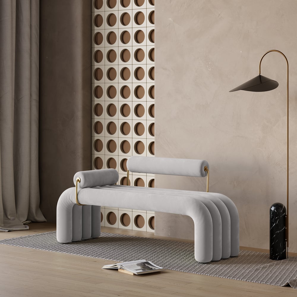 Banc d'entrée en velours capitonné, meuble d'entrée en gris clair (1200 mm) image de fenêtre